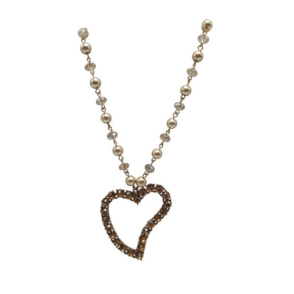 Vintage Heart Pendant Necklace With Faux Pearls Rhinestones Gold Tone Chain - Picture 1 of 6